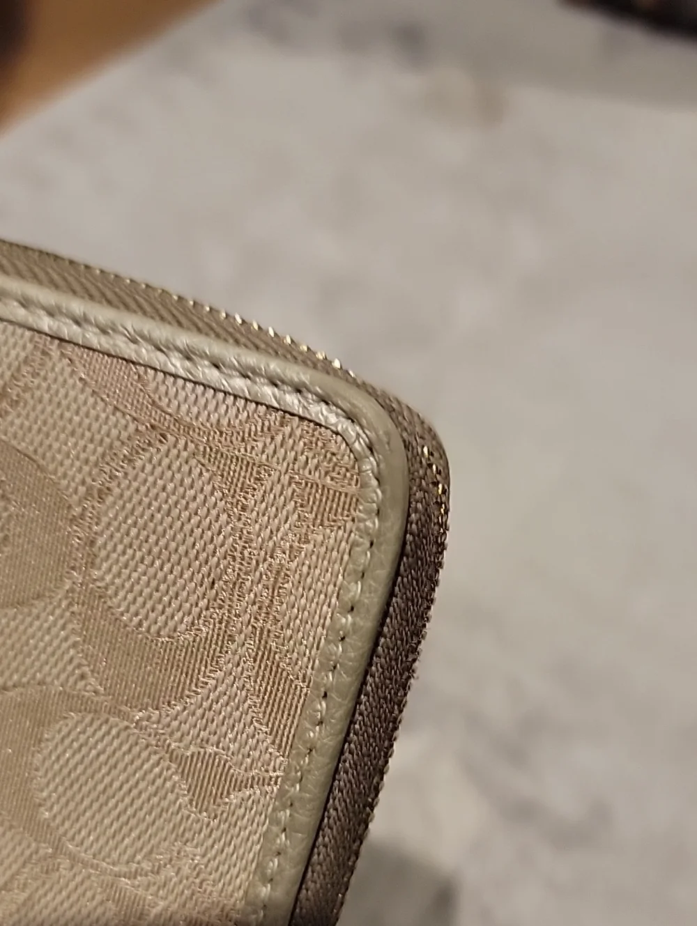 Coach Dempsey Beige and Pink Signature Zip Wallet With Leather Logo Patch